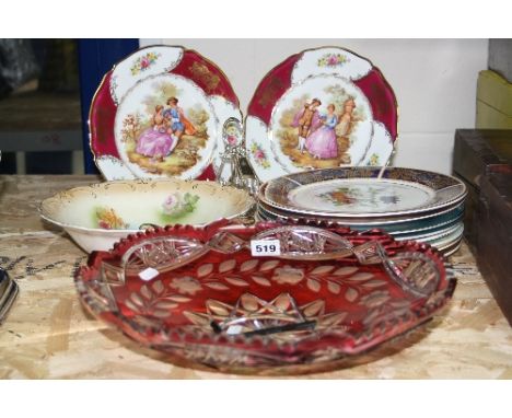 A LARGE RUBY FLASHED GLASS DISH, various collectors plates, a bowl and plated egg stand