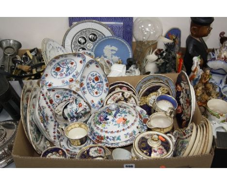 TWO BOXES OF EARLY 20TH CENTURY AND LATER CERAMICS, to include Booth 'Pompadour', Royal Doulton coffee, Masons, large light b