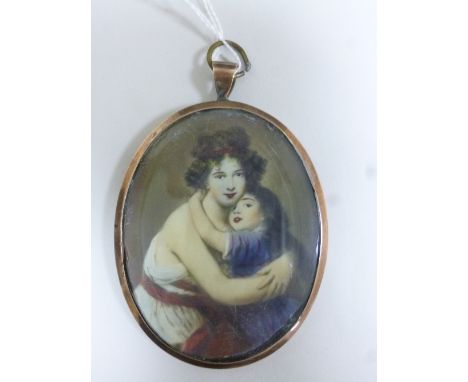 A MINIATURE PORTRAIT, of mother and child within a rose-gold coloured frame with monogram to the reverse