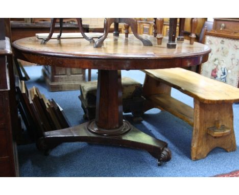 A VICTORIAN CIRCULAR MAHOGANY TABLE, on pillar support and tri-form base, approximate diameter 118cm