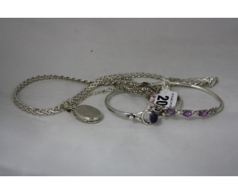 A SMALL COLLECTION OF JEWELLERY, to include an amethyst bangle, locket, necklace, etc