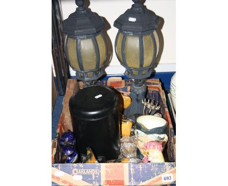 A BOX OF SUNDRIES, to include Royal Doulton 'Granny' character jug, a pair of cast lights, glass napkin rings, Dewalt Drill e