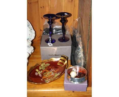 A PAIR BRISTOL BLUE GLASS CANDLESTICKS, (boxed), a Carltonware 'Rouge Royale' dish, three handbags and boxed bottle coaster a