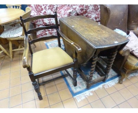 AN OAK BARLEY TWIST GATE LEG TABLE, and a single carver chair (2)
