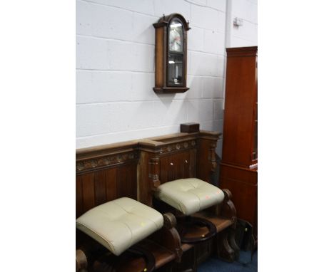 A MODERN WALL CLOCK, (key and pendulum), two stools and two wall mirrors (5)