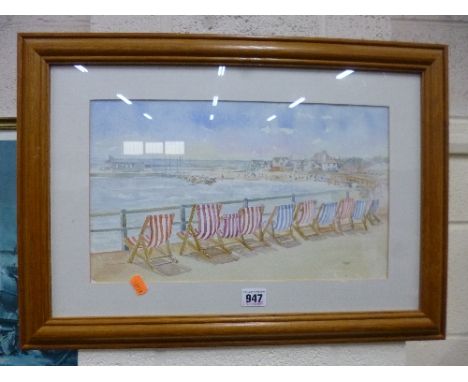 THREE WATERCOLOURS, Evening Light Barnard Castle, signed lower right J A Dees, approximately 34.5cm x 52.5cm, 10 Deck Chairs 