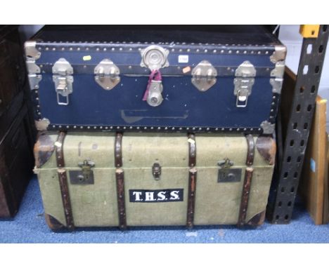 CANVAS, wooden banded travelling trunk initialled T.H.S.S and another travelling trunk (sd) (2)