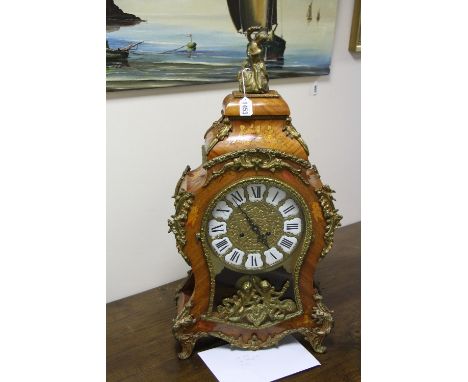 A CONTEMPORATRY FRENCH MANTEL CLOCK, of the Louis XV style with floral inlaid decoration to balloon shaped case, ormolu mount