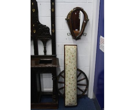 A WALL MIRROR FORMED WITHIN A 19TH CENTURY HORSE COLLAR, long footstool and a cartwheel four branch ceiling light (3)