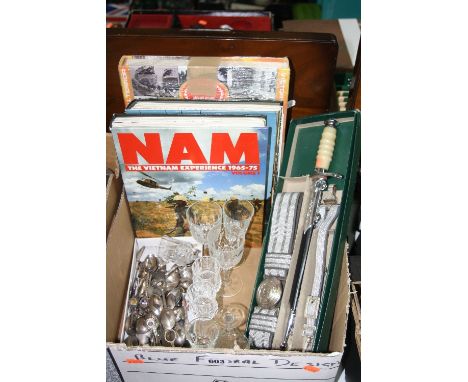 A BOX OF SUNDRIES, to include three War books, boxed Masonic dagger and belt, glasses and various collectors spoons etc