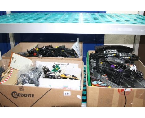 THREE BOXES OF SCALEXTRIC CARS, TRACK AND ACCESSORIES