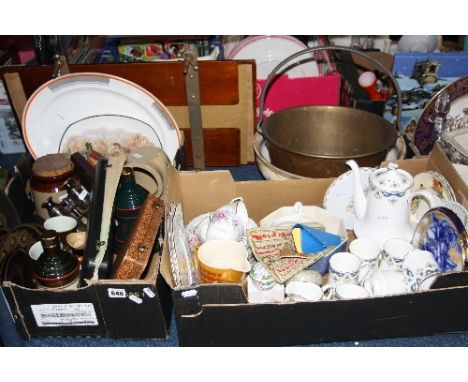 TWO BOXES AND LOOSE CERAMICS AND SUNDRY ITEMS, to include small sampler, cased fish eaters, carving set (cased), jam pan, tro