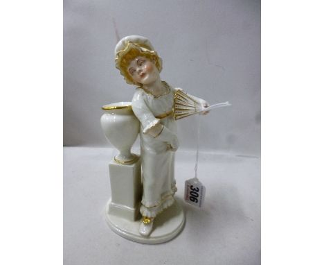 A ROYAL WORCESTER FIGURE, girl standing before urn holding fan, modelled by James Hadley in Kate Greenaway style, in white en