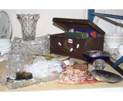 VARIOUS GLASSWARES AND SUNDRY ITEMS, to include books, carved shell, snuff box, vesta, coins, pen, Caithness etc