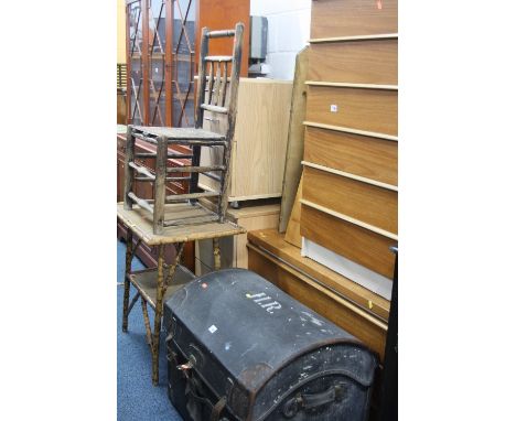 A CANVAS AND LEATHER DOME TOP TRUNK, the top stamped H R, bamboo table and a chair (sd) (3)