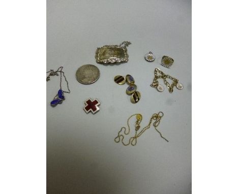 A SMALL COLLECTION OF JEWELLERY, to include a Danish enamel jewellery, cufflinks, coin, sherry label, etc