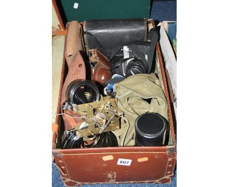 A SUITCASE OF SUNDRIES, to include cameras (Chinon, Relex Film 127 etc), binoculars, lenses, cigarette case, clock workings e