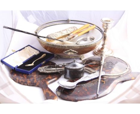 A CIRCULAR TREEN BOWL, with liner (af) having white metal mounts, tortoiseshell and silver dressing table mirror, Birmingham 