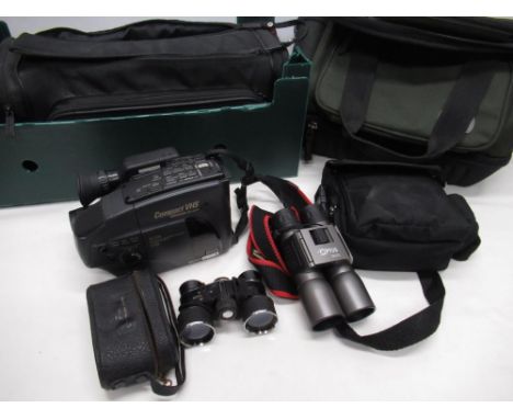 JVC compact VHS video movie GR-AX3510X video camera with charger in case, pair of Optus 12x32 binoculars in case, pair of Ran