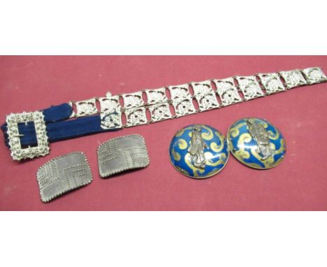 1920s LW of Paris Art Deco cut steel belt buckles, an Art Deco pierced metal and velvet belt and Japanese enamel disk shaped 