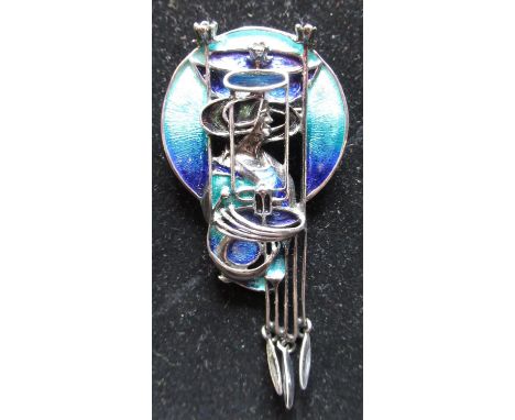 Pat Cheney Art Nouveau style hallmarked Sterling silver and enamel brooch, L7.5cm 