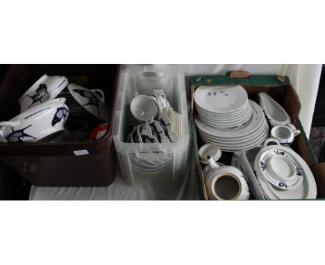 Comprehensive Japanese blue and white porcelain dinner service decorated with Carp, to include tureens, teapot, bowls, servin