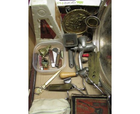 French metronome in original box, EPNS oval galleried tray, two brass button polishing sticks, three sets of vintage hair cli