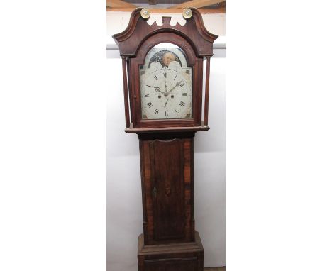 C19th mahogany cross banded oak long cased clock, arched painted Roman dial with subsidiary seconds and date, signed Robt. Le