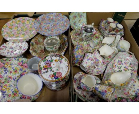 Large collection of chintz ceramics including egg cups, plates, cups and saucers, biscuit barrels, cake stands, various facto