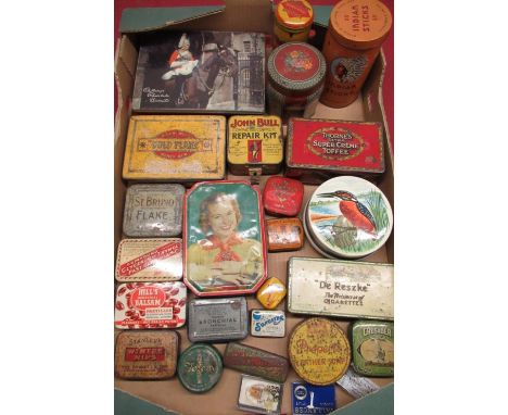 Collection of vintage tins including John Bull Compact and Complete Repair Kit for Small Cars and Motorcycles, Dunlop Punctur