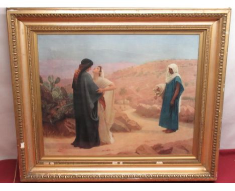 "Courting couple in Arabian landscape" textured colour print on canvas, in gilt frame, 49cm x 60cm 