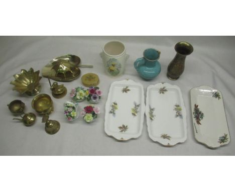Four ceramic posy flowers and pots, collection of brass ware, three serving dishes etc 