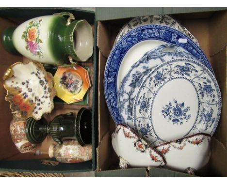 Selection of various pottery including blue &amp; white meat plates, pair of Japanese satsuma vases, framed green majolica ti