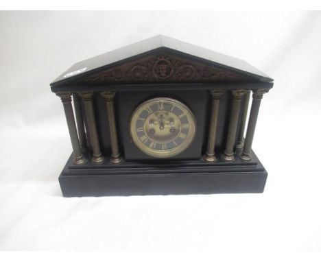 Late C19th French slate mantel clock of classical architectural form, inset with copper panel embossed classical scene, H28cm