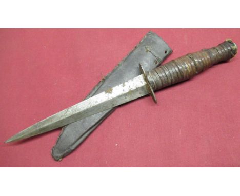 Fairburn Sykes stlye commando dagger with later added strip leather grip, home made sheath, standard 7 inch blade, overall 11