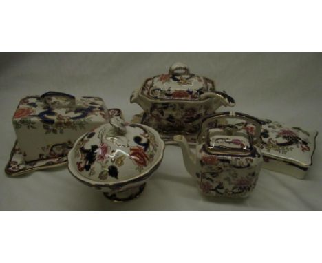 Mason's Mandalay pattern sauce tureen and cover with ladle and stand, cheese dish and cover, circular pedestal bowl with cove