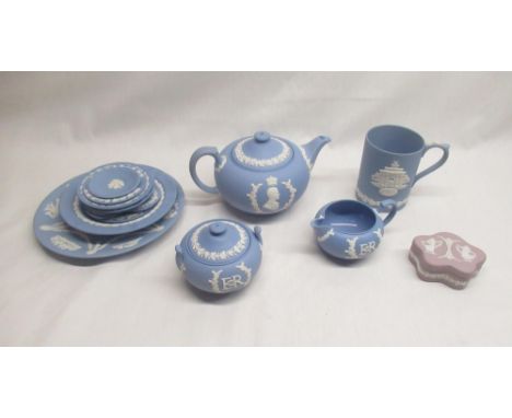 Wedgwood Jasperware three piece QEII Coronation tea service 1953, together with Jasperware tankard, dishes etc 