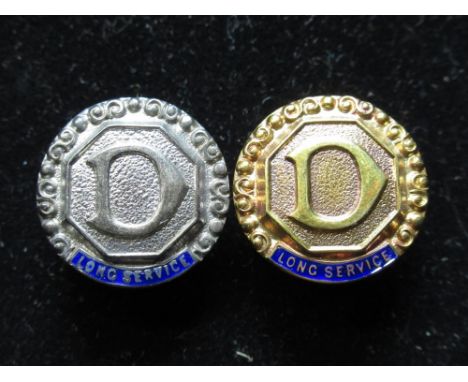 Hallmarked 9ct gold and enamel Dunlop Long Service lapel badge (5.1g), similar hallmarked silver Dunlop long service badge, b