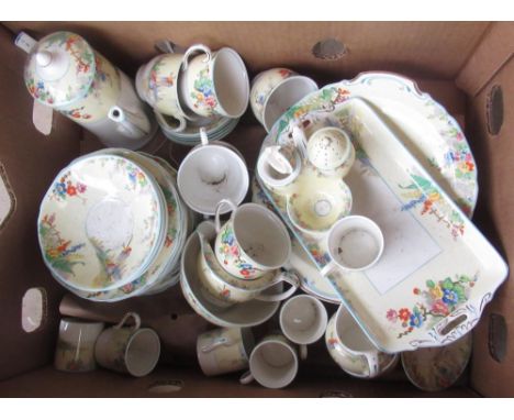 Grindley Old Mill porcelain part dinner and tea service to include Bread and Butter plate, Fruit dishes, cake plates, coffee 