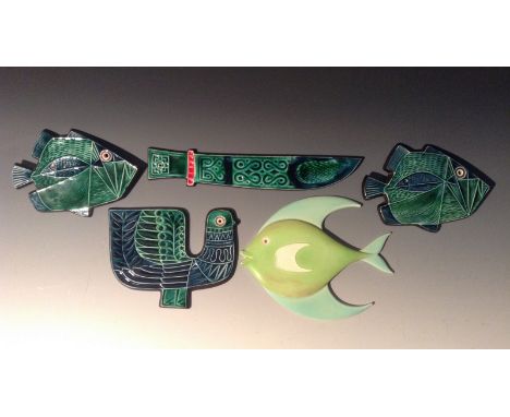 Robert Jefferson for Poole - a pair of stylied fish wall plaques, in tones of blue and green, 118cm wide, printed mark;  othe