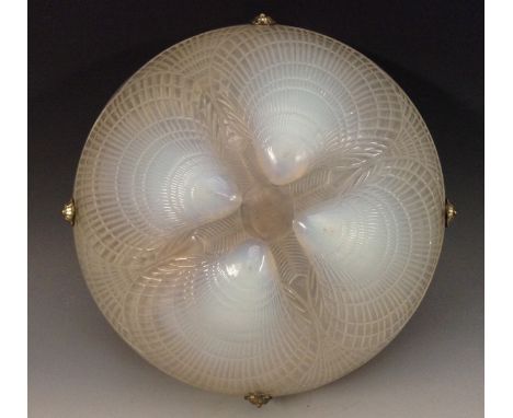 A Rene Lalique 'Coquilles' pattern ceiling light/plafonnier, the exterior moulded in relief with clam shells, 29cm diam, c.19