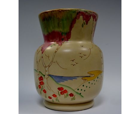 A Clarice Cliff Taormina pattern vase, decorated with pink and green tree, rolling hills, cliff edge and sea, outlined in bro