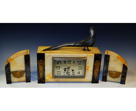 An Art Deco marble and spelter clock garniture, the rectangular silvered face with Arabic numerals, surmounted with a pheasan