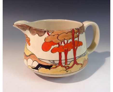 A Clarice Cliff Coral Firs  jug, painted with tall trees with orange and brown foliage, banded in tones of brown, loop handle