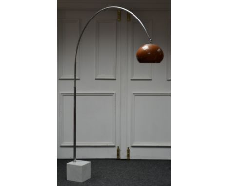 An unusual Danish style standard lamp, with large arched chrome pole, brown demi-globular shade, white marble base, c.1970