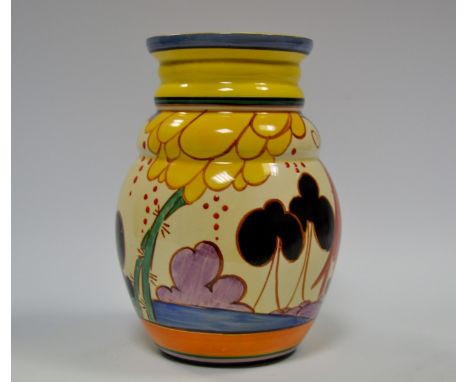 A Clarice Cliff Fantasque Bizarre Summerhouse pattern vase, shape 358, brightly decorated with red roof huts, black and purpl