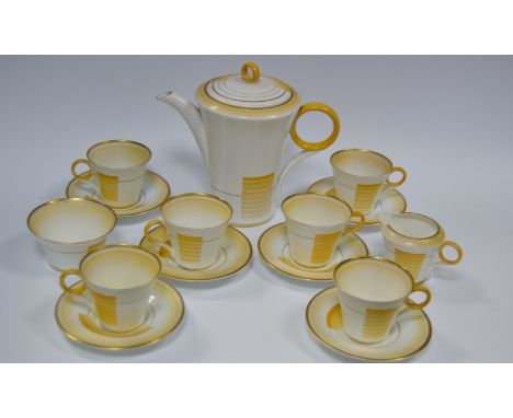 A Shelley Regency shape coffee service, for six, comprising coffee pot and cover, milk jug and sugar bowl, cups and saucers, 