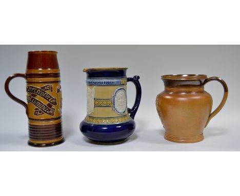 A late Victorian Doulton Lambeth salt glazed stoneware cylindrical jug, Worlds Columbian Exposition 1893, sprigged with an Am