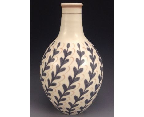 A Poole ovoid bottle vase, hand painted with sinuous bands of fronding leaves in shades of grey and caramel on an ivory groun