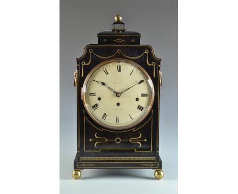 A fine Regency chiming, triple train bracket clock by Woodall, Birchin Lane, Cornhill signed to the cream enamelled dial, the